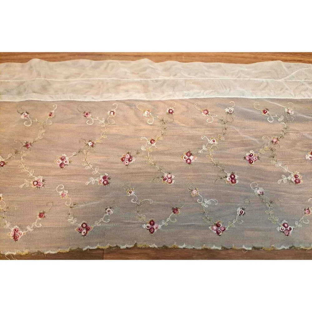 White Sheer Valance Embroidered Flowers Fairy Cottage Romantic Country 58x12